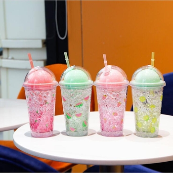 Чаша за охлаждане с двойна стена и капак, пластмасова чаша със сламка и лого