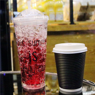 Чаша за охлаждане с двойна стена и капак, пластмасова чаша със сламка и лого