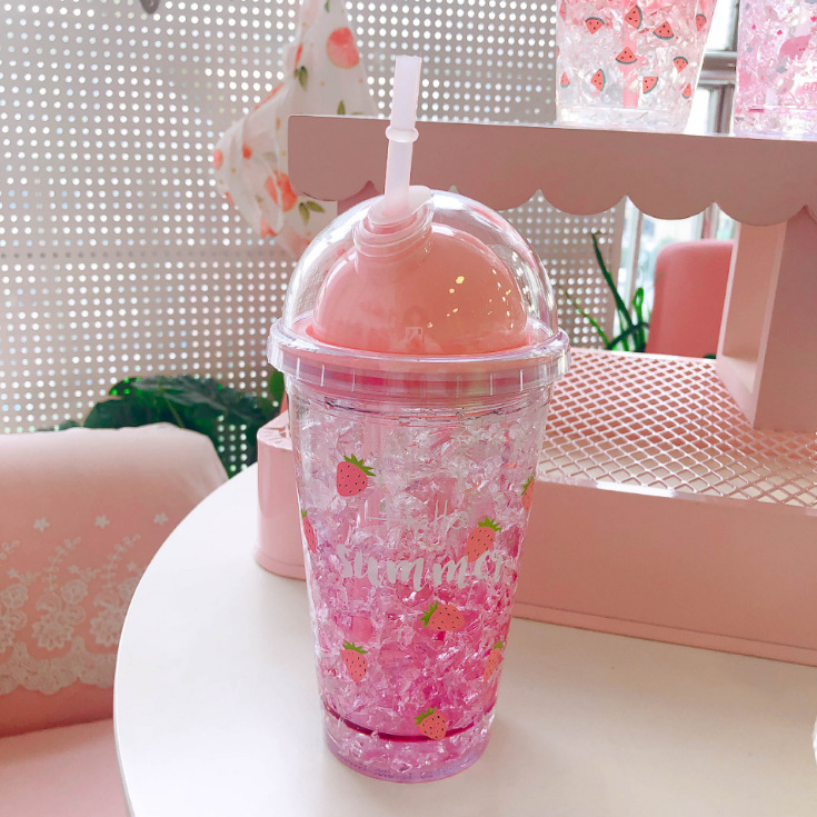 Чаша за охлаждане с двойна стена и капак, пластмасова чаша със сламка и лого