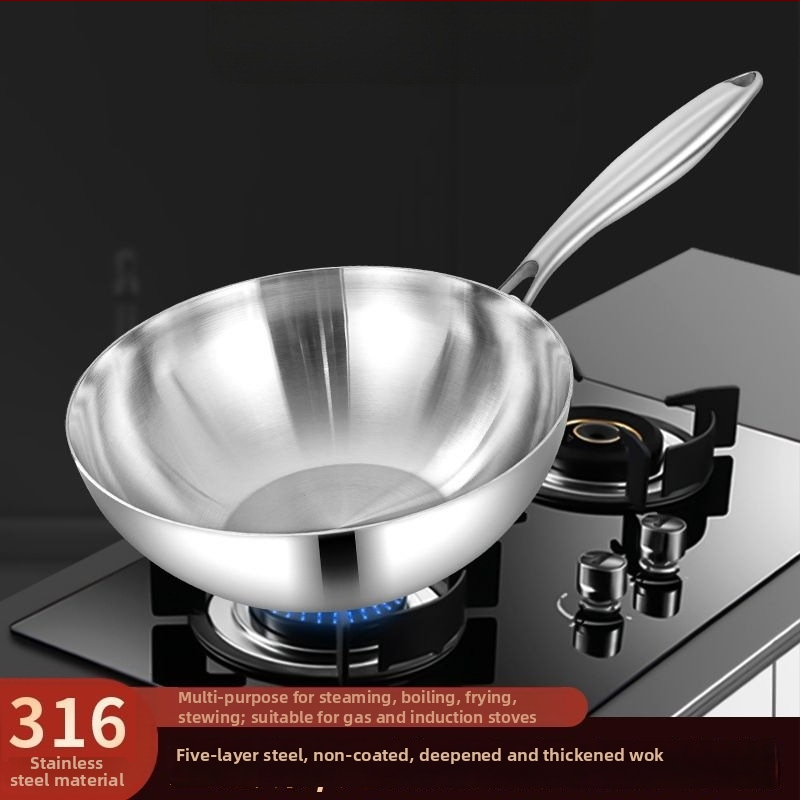 Wok z nerezovej ocele 304, bez povlaku, s sklenenou pokrievkou, trojvrstvové dno, priemer 20–28 cm