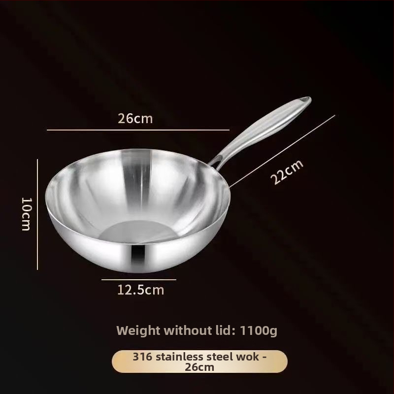 Wok z nerezovej ocele 304, bez povlaku, s sklenenou pokrievkou, trojvrstvové dno, priemer 20–28 cm