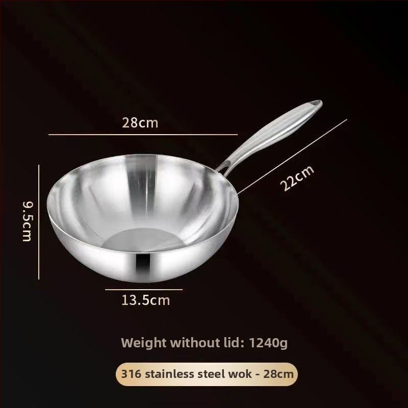 Wok z nerezovej ocele 304, bez povlaku, s sklenenou pokrievkou, trojvrstvové dno, priemer 20–28 cm