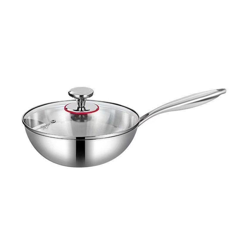 Rozsdamentes acél wok üvegfedővel, bevonat nélkül, háromrétegű alj, minden főzőlaphoz kompatibilis