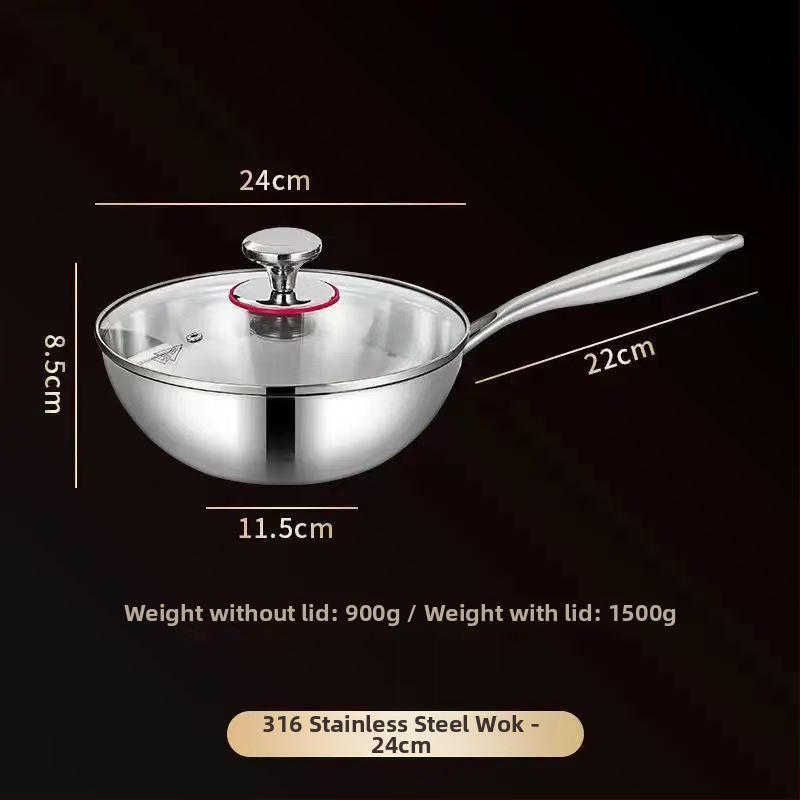 Wok z nerezovej ocele 304, bez povlaku, s sklenenou pokrievkou, trojvrstvové dno, priemer 20–28 cm