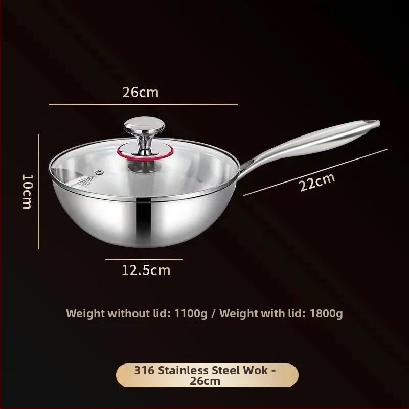 Wok z nerezovej ocele 304, bez povlaku, s sklenenou pokrievkou, trojvrstvové dno, priemer 20–28 cm