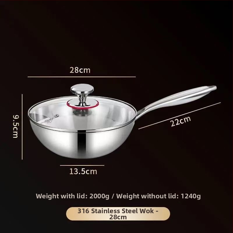Wok z nerezovej ocele 304, bez povlaku, s sklenenou pokrievkou, trojvrstvové dno, priemer 20–28 cm