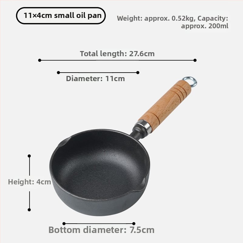 Tiganj od lijevanog željeza za prženje, bez premaza, dubina 4–5 cm, kompatibilan sa svim pločama, težina 0,52–0,67 kg