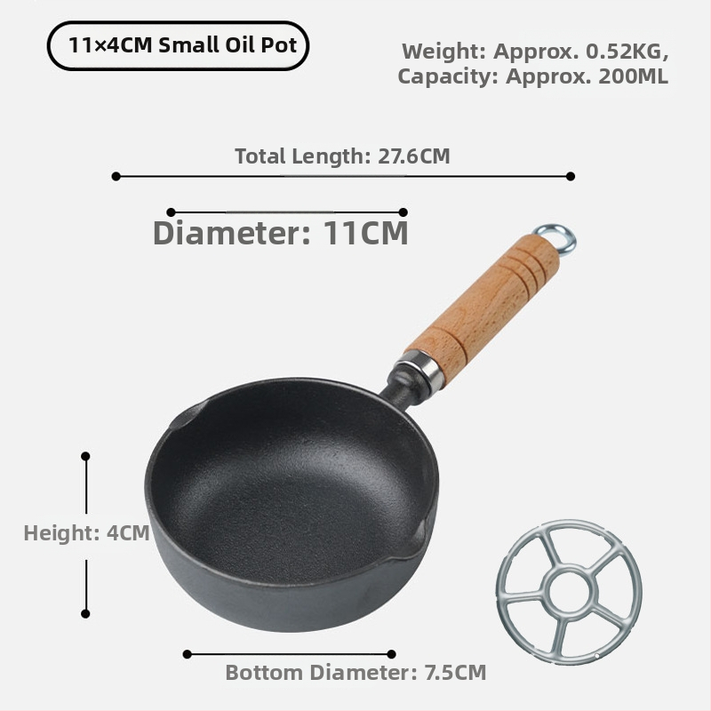 Tiganj od lijevanog željeza za prženje, bez premaza, dubina 4–5 cm, kompatibilan sa svim pločama, težina 0,52–0,67 kg