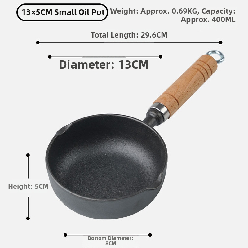 Tiganj od lijevanog željeza za prženje, bez premaza, dubina 4–5 cm, kompatibilan sa svim pločama, težina 0,52–0,67 kg