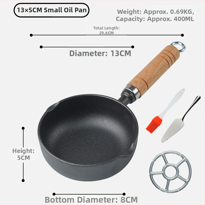 Tiganj od lijevanog željeza za prženje, bez premaza, dubina 4–5 cm, kompatibilan sa svim pločama, težina 0,52–0,67 kg