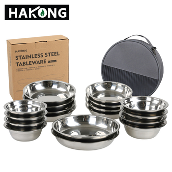 Harlem HALIN set posuđa od nehrđajućeg čelika za kampiranje, 18-dijelni, prijenosni za 4+ osobe, s 10 tanjuri i 8 zdjela