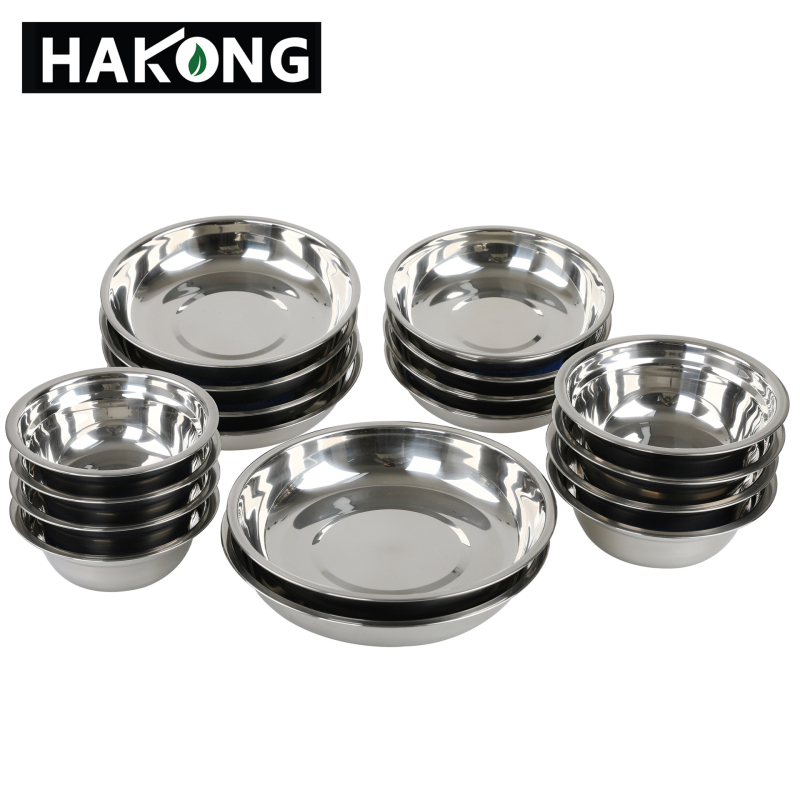 Harlem HALIN set posuđa od nehrđajućeg čelika za kampiranje, 18-dijelni, prijenosni za 4+ osobe, s 10 tanjuri i 8 zdjela