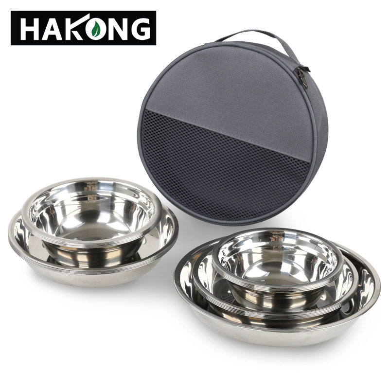 Harlem HALIN set posuđa od nehrđajućeg čelika za kampiranje, 18-dijelni, prijenosni za 4+ osobe, s 10 tanjuri i 8 zdjela