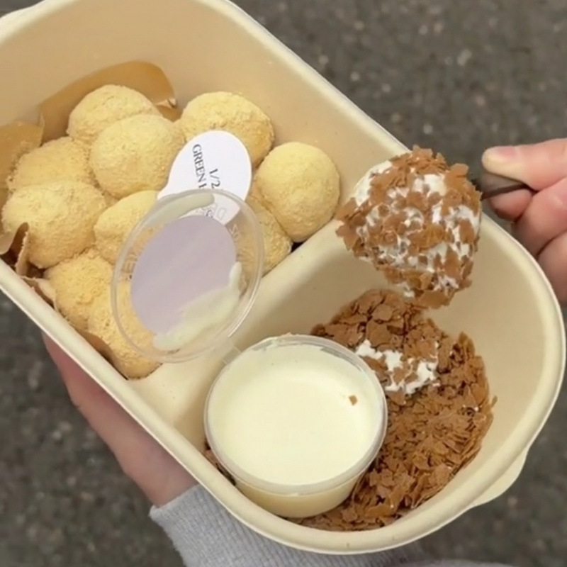 Кутия за mochi с двойно отделение, от целулозна маса, за замразяване, с отделение за сос за потапяне