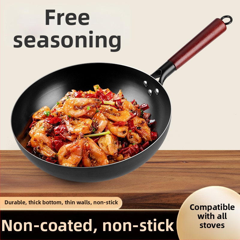 Wok z rafinovaného železa, kompatibilný s indukčnou platňou, hĺbka 9,4 cm, dno s jedným kusom, odolný voči hrdzi