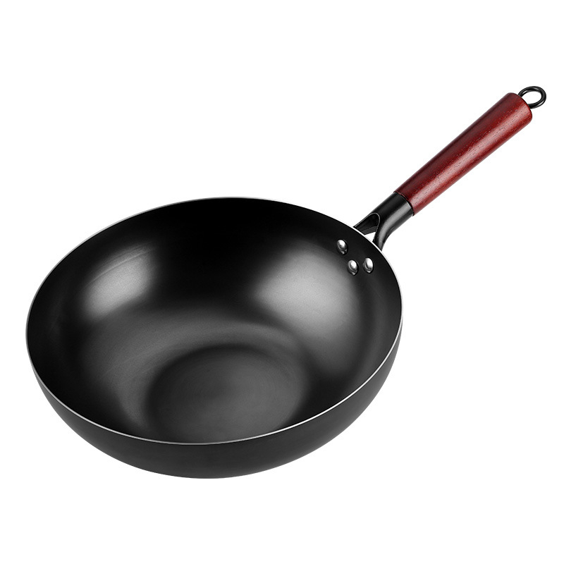 Wok od rafiniranog željeza, kompatibilan s indukcijskom pločom, dubina 9,4 cm, dno s jednim slojem, otporan na hrđu