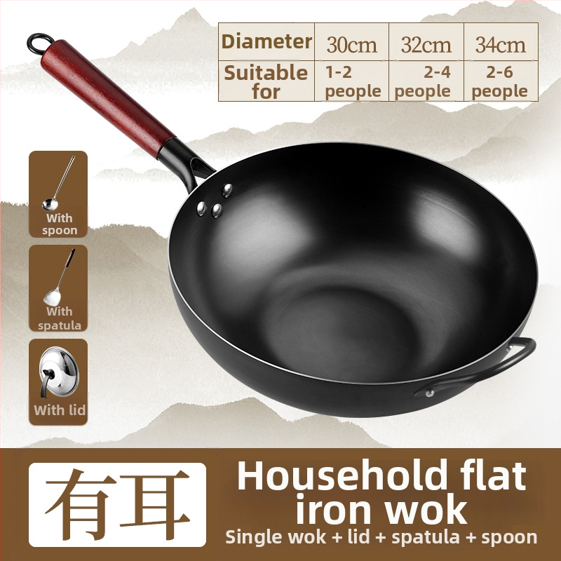 Wok z rafinovaného železa, kompatibilný s indukčnou platňou, hĺbka 9,4 cm, dno s jedným kusom, odolný voči hrdzi