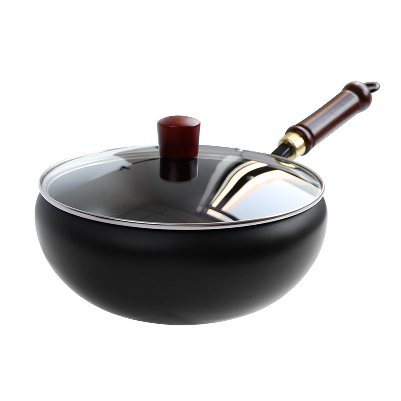 Wok od kaljenog željeza, korejski stil, s jednim dnom, stakleni poklopac