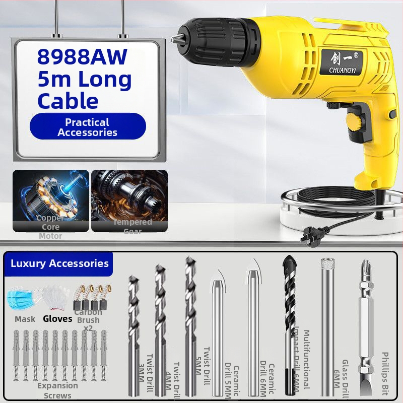 Create One Kézi elektromos fúró – Multifunkcionális, 220V, lépésmentes fordulatszabályozás, háromcsúcsos tokmány, otthoni dekorációhoz