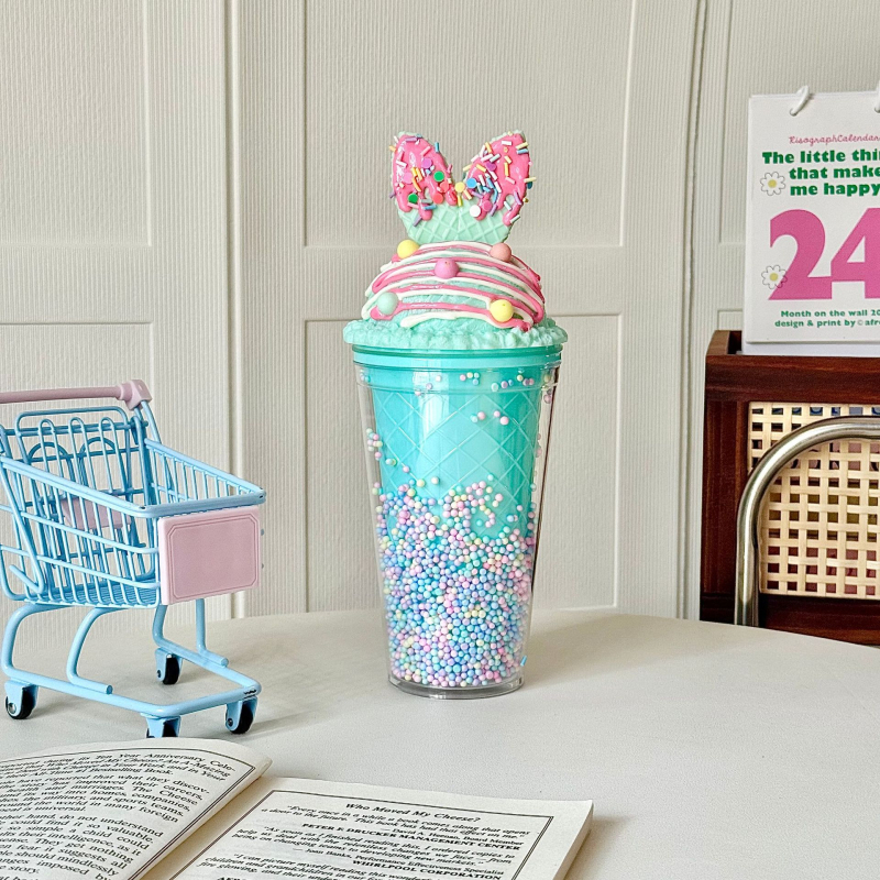 Двуслойна изолирана чаша със сламка, PS пластмаса, цилиндрична, карикатурен дизайн, за студени напитки