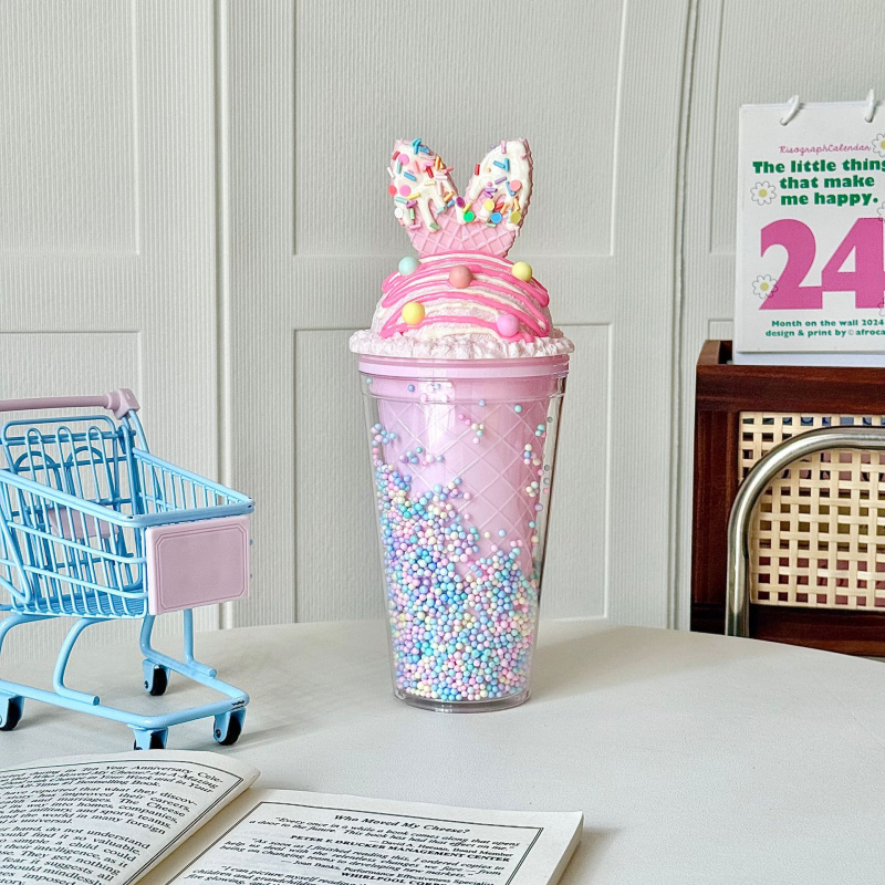 Двуслойна изолирана чаша със сламка, PS пластмаса, цилиндрична, карикатурен дизайн, за студени напитки