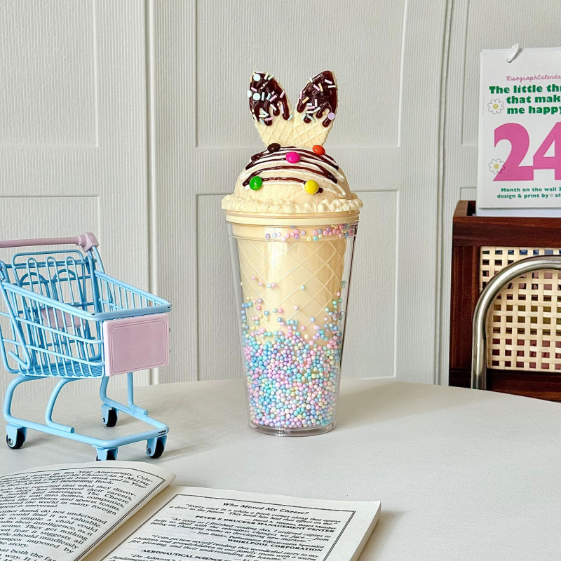 Двуслойна изолирана чаша със сламка, PS пластмаса, цилиндрична, карикатурен дизайн, за студени напитки