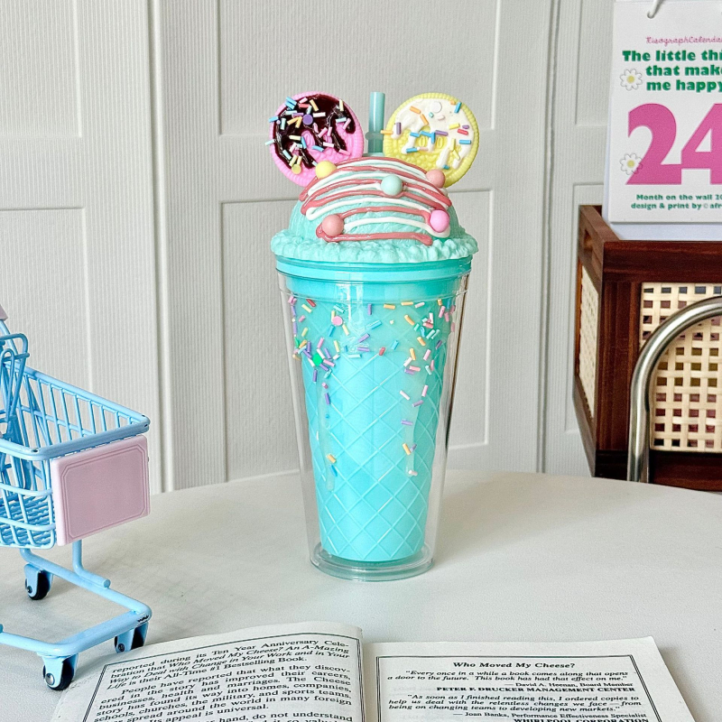 Двуслойна изолирана чаша със сламка, PS пластмаса, цилиндрична, карикатурен дизайн, за студени напитки