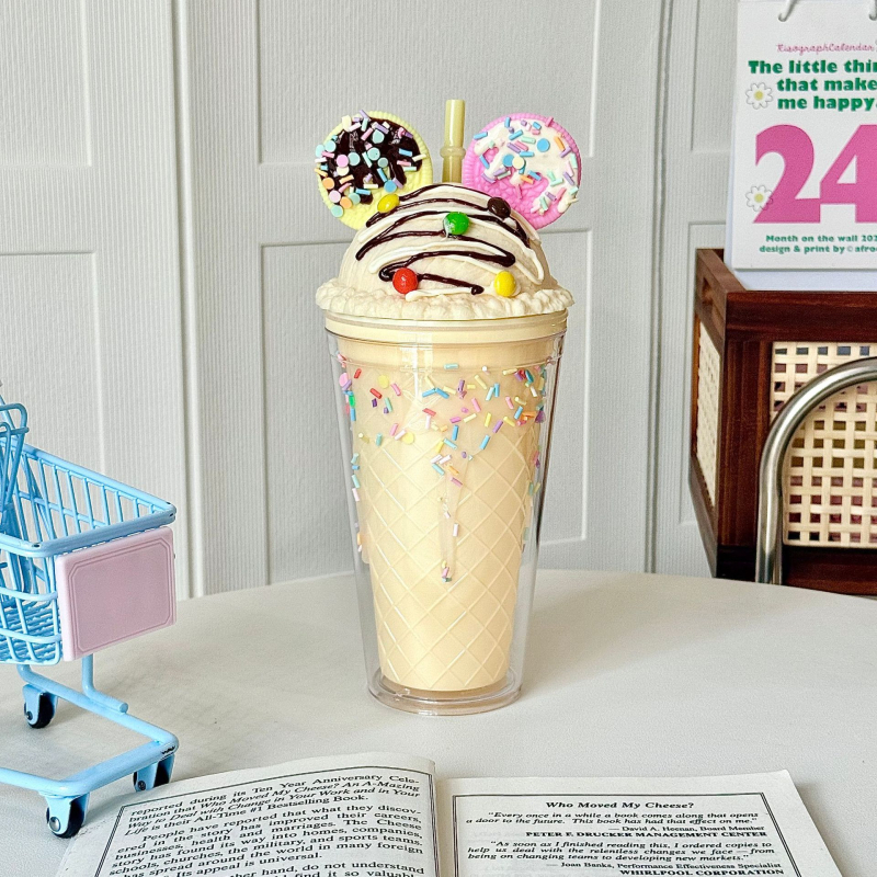 Двуслойна изолирана чаша със сламка, PS пластмаса, цилиндрична, карикатурен дизайн, за студени напитки