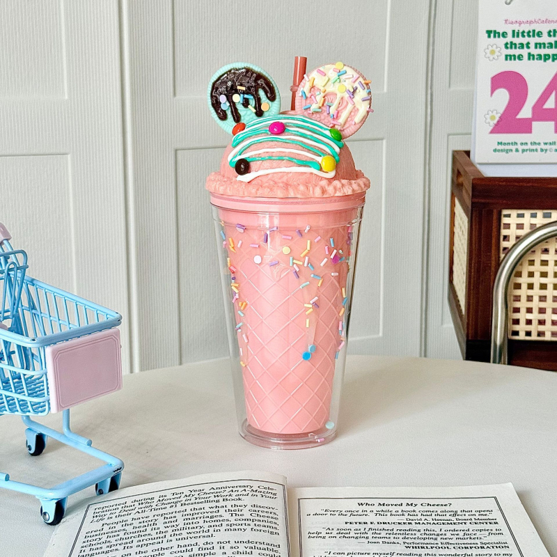 Двуслойна изолирана чаша със сламка, PS пластмаса, цилиндрична, карикатурен дизайн, за студени напитки