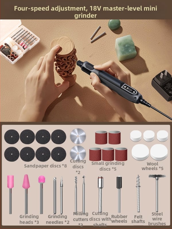 Kézben tartható elektromos csiszoló jáde- és fa faragáshoz, polírozó funkcióval