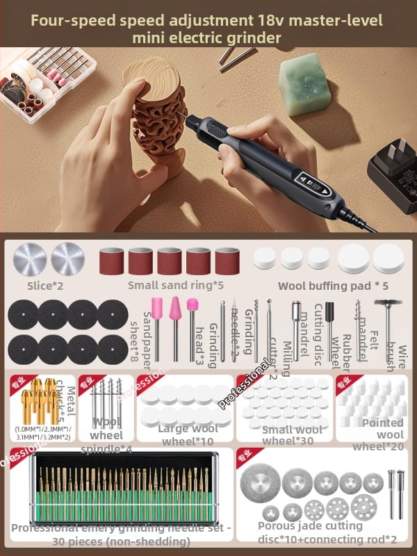 Kézben tartható elektromos csiszoló jáde- és fa faragáshoz, polírozó funkcióval