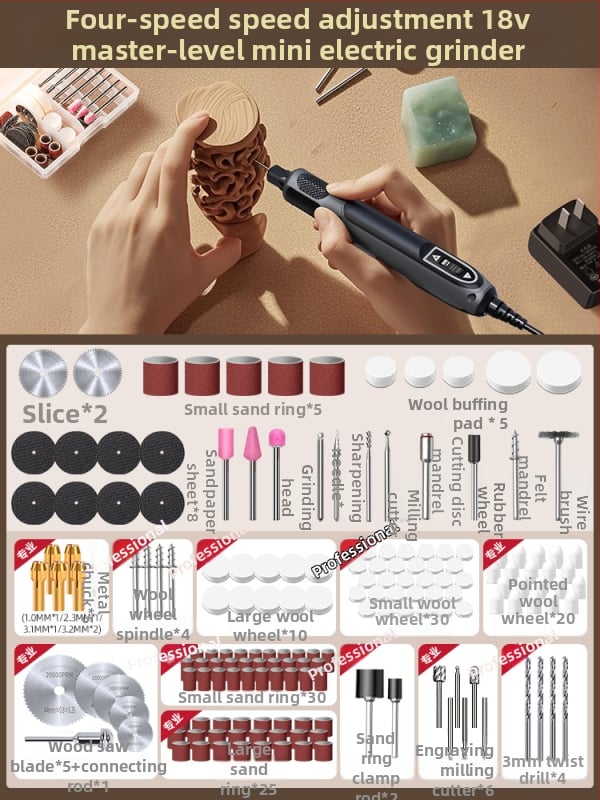 Kézben tartható elektromos csiszoló jáde- és fa faragáshoz, polírozó funkcióval