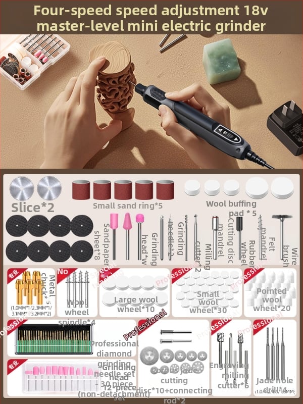 Kézben tartható elektromos csiszoló jáde- és fa faragáshoz, polírozó funkcióval