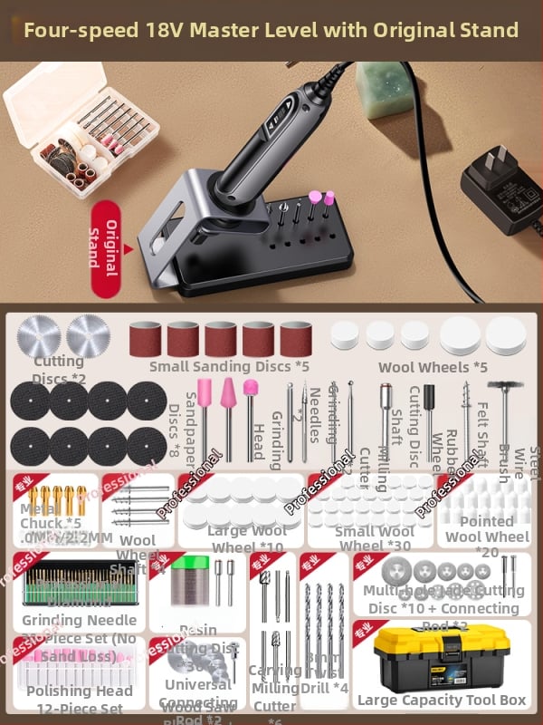 Kézben tartható elektromos csiszoló jáde- és fa faragáshoz, polírozó funkcióval