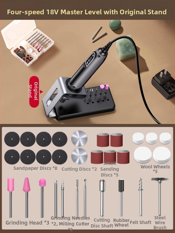 Kézben tartható elektromos csiszoló jáde- és fa faragáshoz, polírozó funkcióval