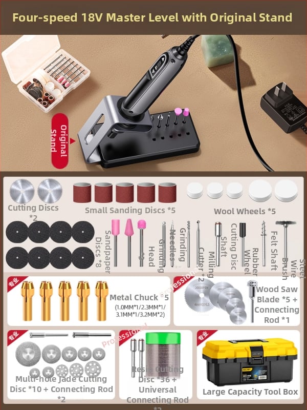 Kézben tartható elektromos csiszoló jáde- és fa faragáshoz, polírozó funkcióval