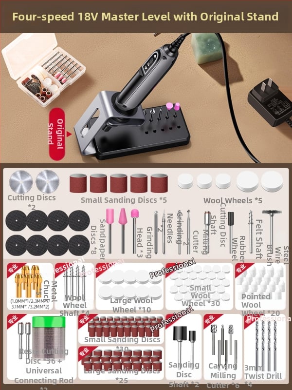 Kézben tartható elektromos csiszoló jáde- és fa faragáshoz, polírozó funkcióval