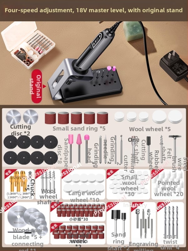 Kézben tartható elektromos csiszoló jáde- és fa faragáshoz, polírozó funkcióval