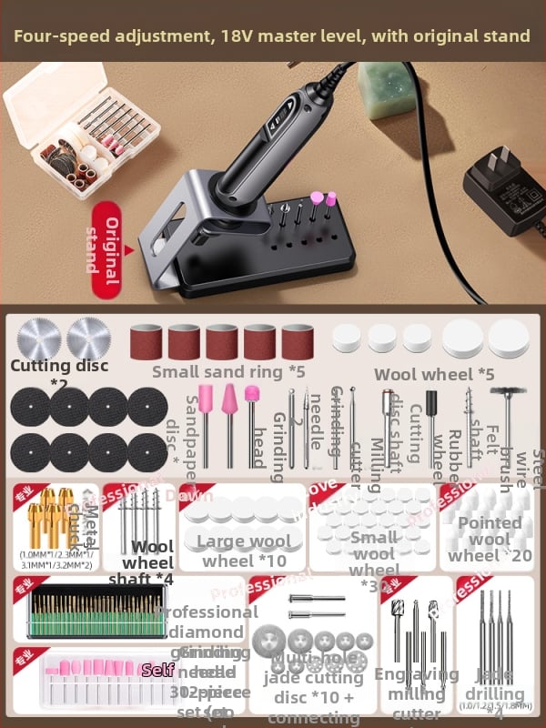 Kézben tartható elektromos csiszoló jáde- és fa faragáshoz, polírozó funkcióval