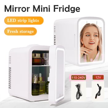 Мини хладилник за кола с LED огледало, 12V, 42W, капацитет 4L, двойно използване за автомобил и дом