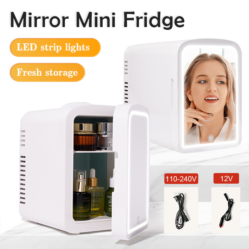 Мини хладилник за кола с LED огледало, 12V, 42W, капацитет 4L, двойно използване за автомобил и дом
