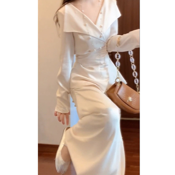 Női két darabos öltöny: hosszú ujjú ing és magas derekú midi szoknya, ősz 2024, poliészter-spandex anyag, egyszínű minta, francia dizájn