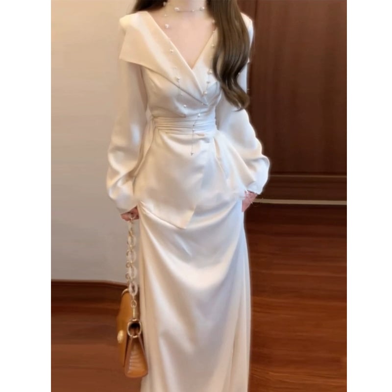 Női két darabos öltöny: hosszú ujjú ing és magas derekú midi szoknya, ősz 2024, poliészter-spandex anyag, egyszínű minta, francia dizájn