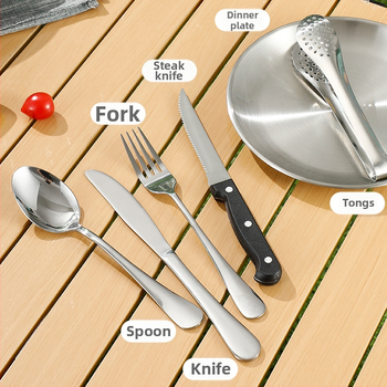 Kempingová súprava príborov z nehrdzavejúcej ocele so izoláciou, dvojité použitie, prenosná — pre 3–5 osôb; obsahuje nože, vidličky, lyžice, taniere, kliešte, otvárače fliaš; model Ni-2220-fwtz