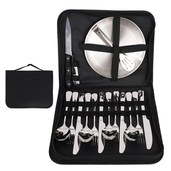 Kamperski set pribora od nehrđajućeg čelika s izolacijom, dvostruka upotreba, prijenosno — za 3–5 osoba; uključuje noževe, vilice, žlice, tanjure, kliješta, otvarače za boce; model Ni-2220-fwtz