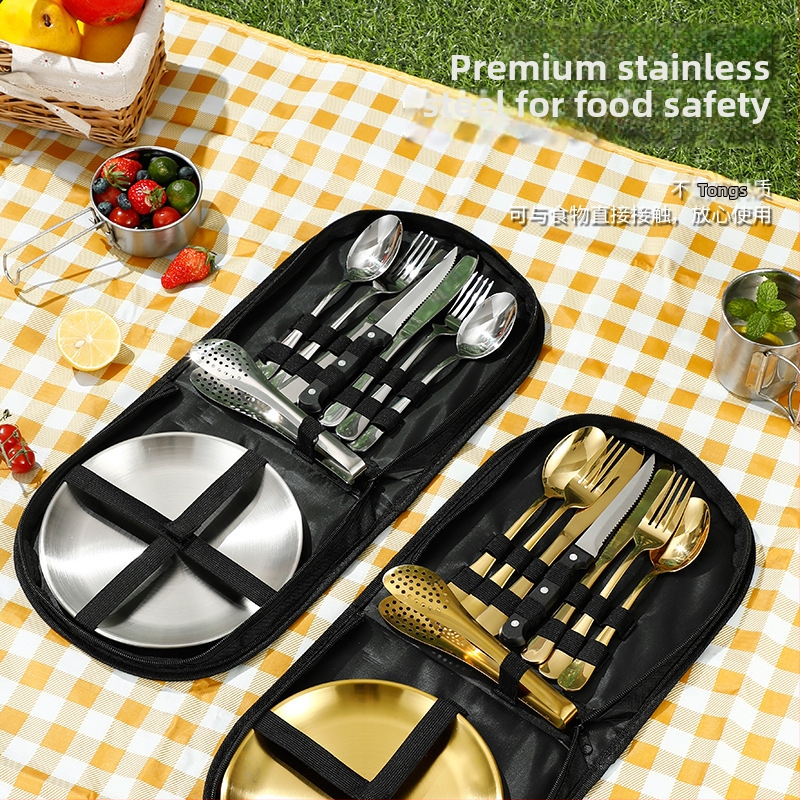 Kempingová súprava príborov z nehrdzavejúcej ocele so izoláciou, dvojité použitie, prenosná — pre 3–5 osôb; obsahuje nože, vidličky, lyžice, taniere, kliešte, otvárače fliaš; model Ni-2220-fwtz