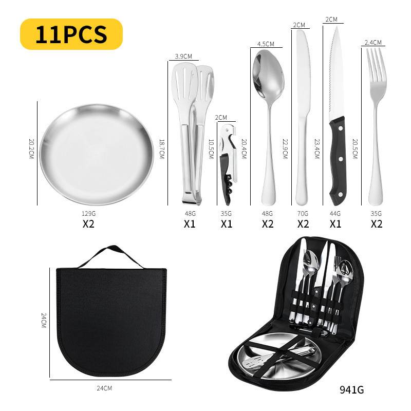 Kamperski set pribora od nehrđajućeg čelika s izolacijom, dvostruka upotreba, prijenosno — za 3–5 osoba; uključuje noževe, vilice, žlice, tanjure, kliješta, otvarače za boce; model Ni-2220-fwtz