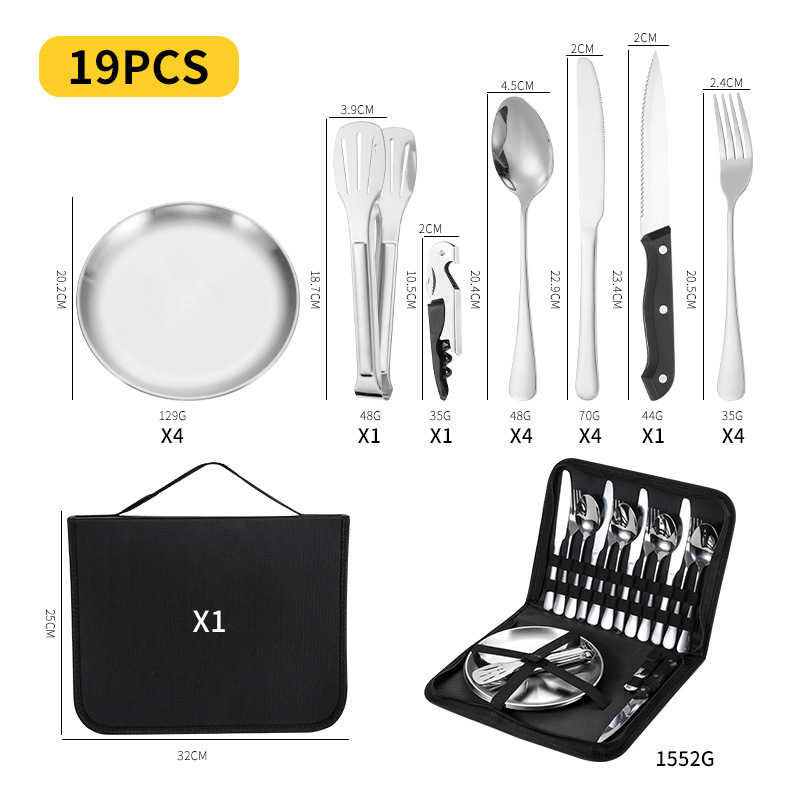 Kamperski set pribora od nehrđajućeg čelika s izolacijom, dvostruka upotreba, prijenosno — za 3–5 osoba; uključuje noževe, vilice, žlice, tanjure, kliješta, otvarače za boce; model Ni-2220-fwtz