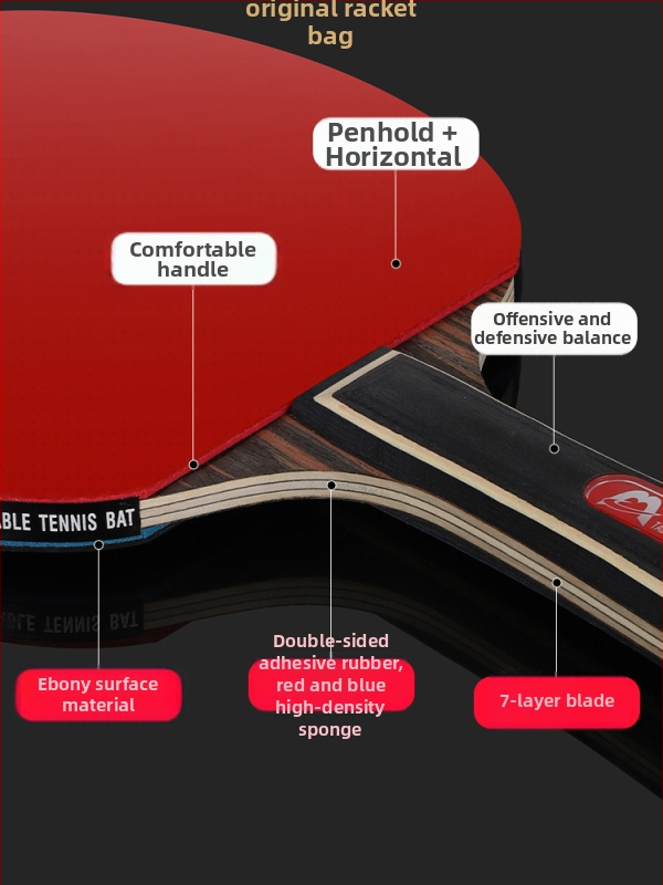 Raketa na stolný tenis s dlhým držadlom, priamy úder, lepiaca guma, viacvrstvová čepeľ (Poplar, basswood, ebony, teak) pre začiatočníkov