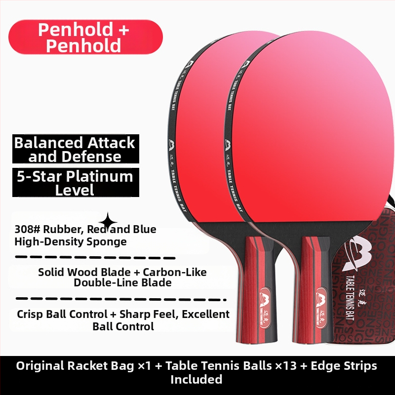 Raketa na stolný tenis s dlhým držadlom, priamy úder, lepiaca guma, viacvrstvová čepeľ (Poplar, basswood, ebony, teak) pre začiatočníkov